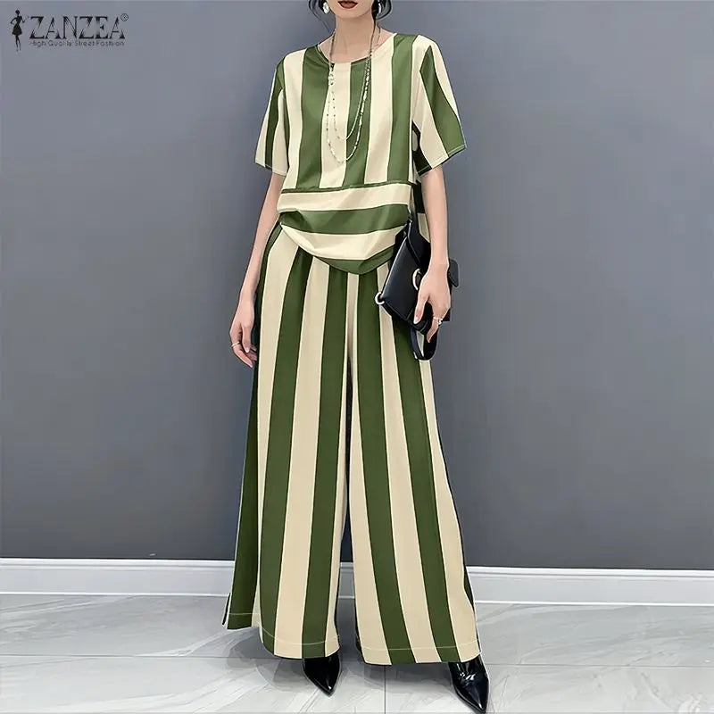 ZANZEA Fashion Short Sleeve Blouse Wide Leg Pant Sets Summer 2 Picece Set Women Striped Outfit Elegant Work Suit Stain Tracksuit