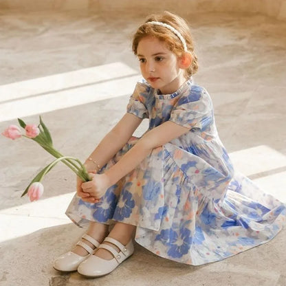 Cotton Dress with Lace Trim in French Retro Oil Painting Style Flower Girl Dresses Children's Clothing Luxury Girls Costume Kids