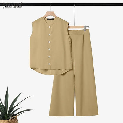 ZANZEA Summer Women 2 Pieces Sets Casual Solid Color OL Work Outfits O Neck Sleeveless Tanks Tops Pants Suit Loose Matching Sets
