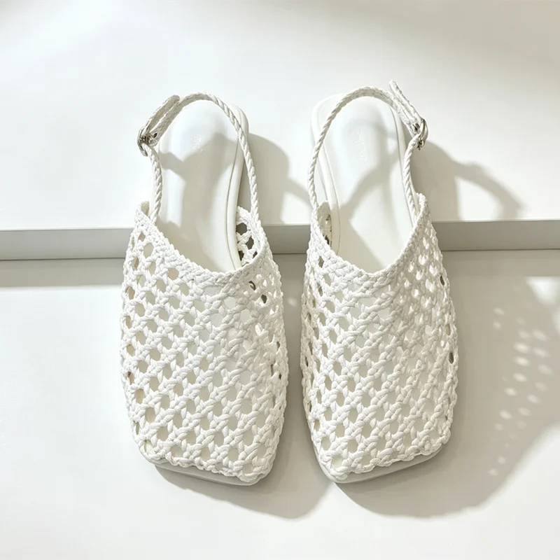 High Quality Hollow Woven Flat Sandals Women Square Toe Back Strap Detail Lolita Style Shoes Summer Comfortable Women's Shoes