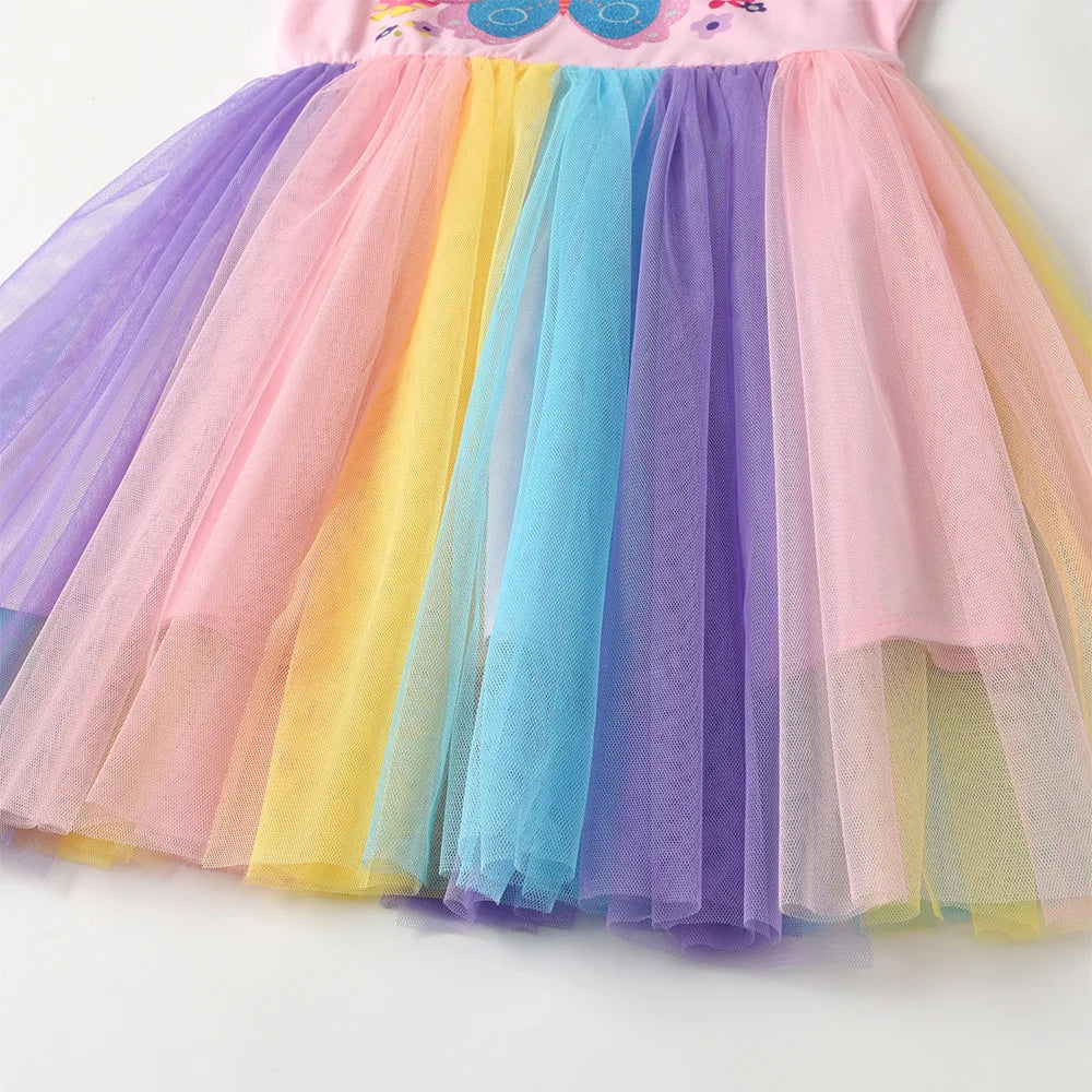 VIKITA Kids Butterfly Flower Print Summer Dress Girls Pink Colorful Party Vacation Daily Princess Dresses Children Clothes