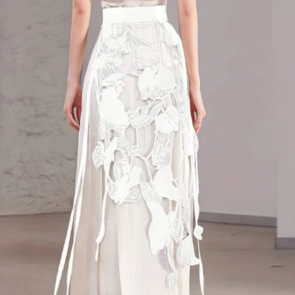 High Waist Lace Midi Skirt Hollow Flower Tassels Embroidered Flower Lace Girdle Belt Harajuku See Through Lace Drawstring Skirt