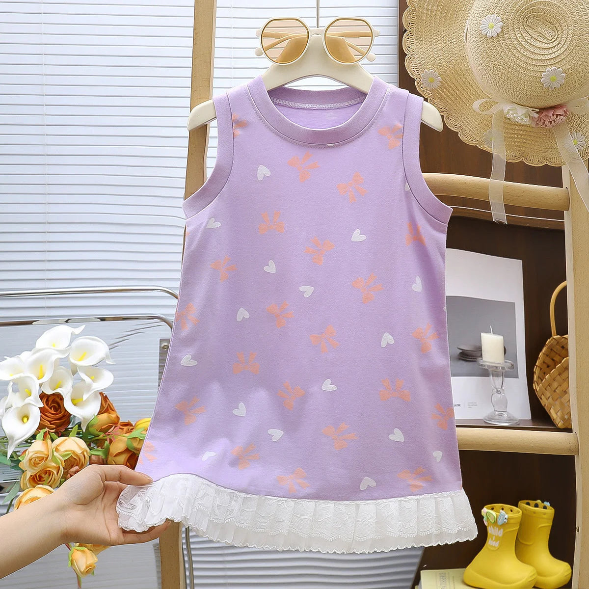 Summer Toddler Girl Dress Flowers Cotton Sleeveless Children Dress Lace Trim Kids Sundress Slip Dress Fashion Girls Clothing