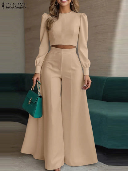 ZANZEA Women's Pant Sets 2 Piece Elegant Chic Short Crop Tops & Wide Leg Pants Two Piece Outfits Trouser Suits Woman Clothes 3XL