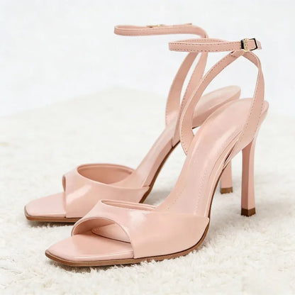 Fashion Coffee Ankle Buckle Heel Sandals Women Summer Sexy Square Toe Ankle Strap Buckle Heels Fashion Open Toe Party Dress Shoe
