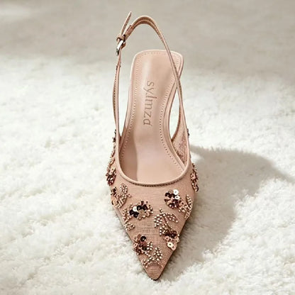 Luxury Bling String Bead Detail Mid Heel Women Pumps Pointed Toe Mesh Slingback Heeled Sandals for Ladies Elegant Women Shoes