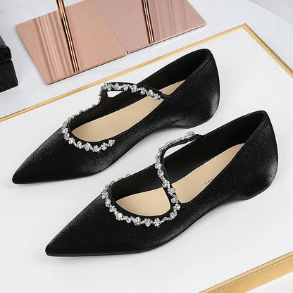 BIGTREE Shoes Rhinestone Chain Low Heeled Women's Shoes Metal Decoration Wedge heels Pointed Ladies Shoes Luxury Banquet Shoes