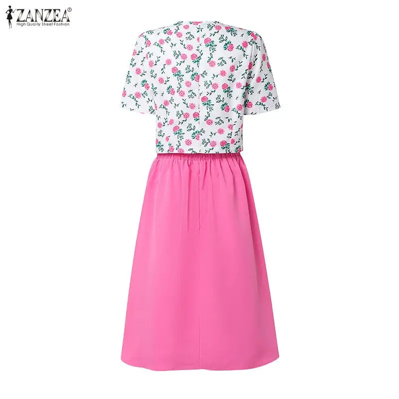 ZANZEA Elegant Fashion Women's Skirt Suits Floral Crop Tops & A-line Midi Skirts 2 Pieces Sets Summer Female Date Night Outfits