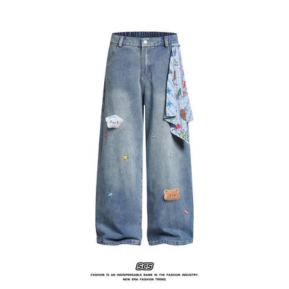 Seven-Quarter Length Embroidered Wide Leg Loose Fit Thin Denim Shorts Summer New Style Korean Style High Waist Straight Tube ...