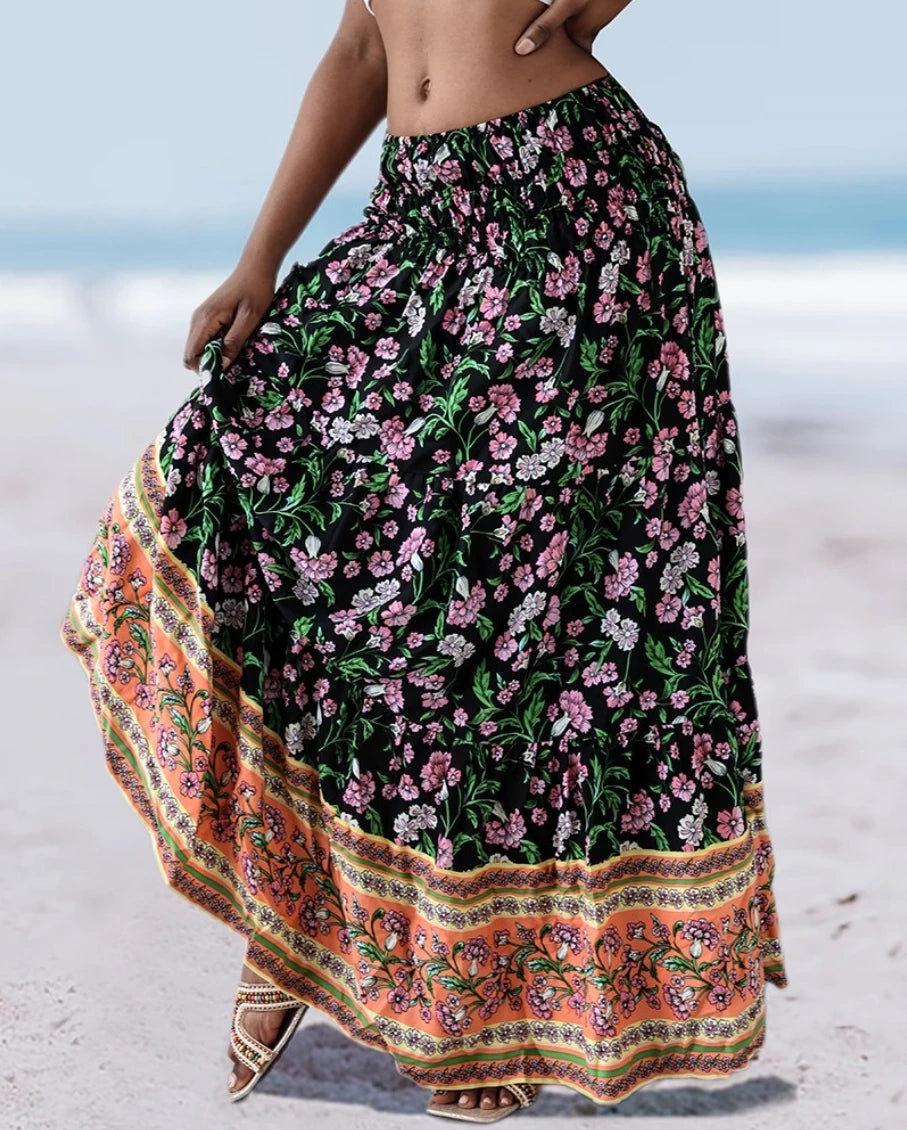 Womens Boho Floral Print Tiered Maxi Skirt High Waist Smocked Beach Long Skirt for Summer