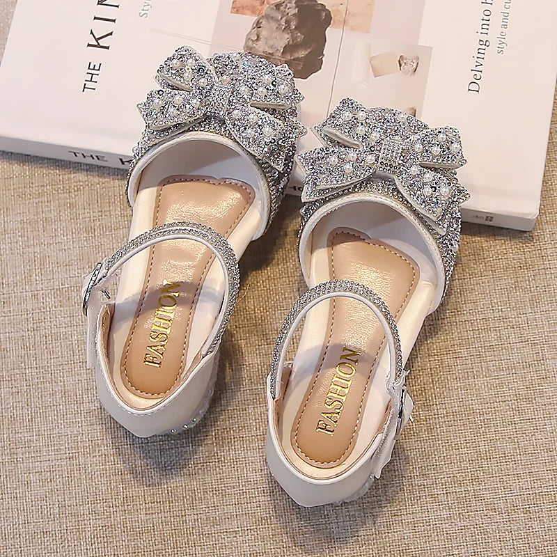 Kid's Sandals high Heels Pumps Rhinestone Bow Silver Party Breathable Shoes For Girl PU Leather Footwear for Kids Size 26-36