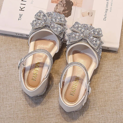 Kid's Sandals high Heels Pumps Rhinestone Bow Silver Party Breathable Shoes For Girl PU Leather Footwear for Kids Size 26-36