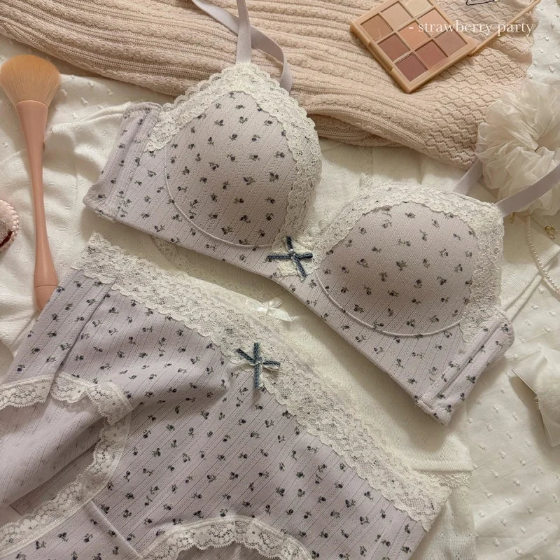 New Sweet Girl Lace Edge Sexy Lingerie Women's Small Breasts Gather No Wire Anti-Sag Bra Set Student Bra Panties Underwear Set