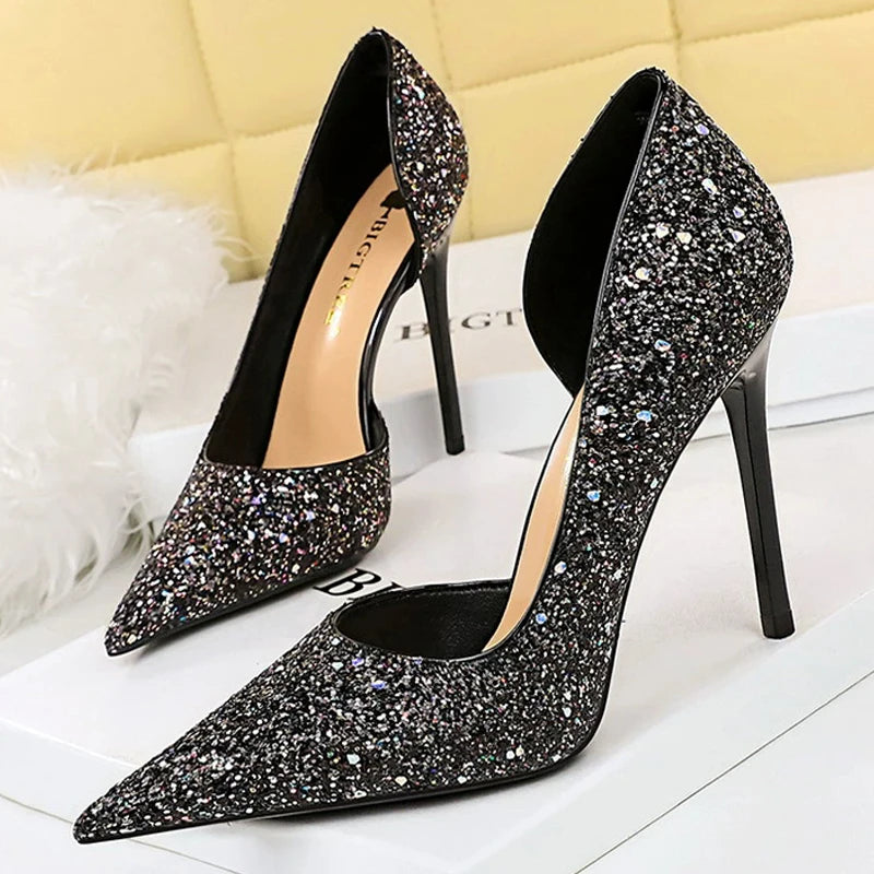 Women 7cm 10.5cm Super High Heels Blue Gold Pumps Sexy Sequins Bling Low Heels Lady Scarpins Luxury Stiletto Sparkly Party Shoes