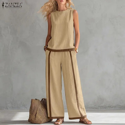 Stylish Summer 2 Pieces Oufits ZANZEA Women Color-Blocking Tracksuit Casual O Neck Sleeveless Tanks Tops Wide Leg Pant Sets 2026