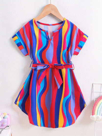 Girls' Summer Casual Fashion Sweet Colorful Striped V-Neck Belted Irregular Hem Short-Sleeved Dress