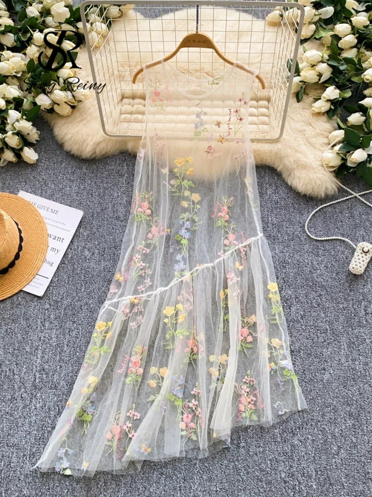 SINGREINY Holiday Floral Embroidery Long Dress 2026 Women O Neck Sleeveless Loose Irregular Summer French Mesh Bohemian Sundress