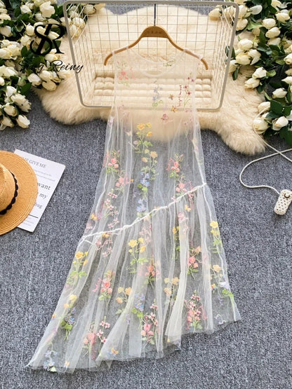 SINGREINY Holiday Floral Embroidery Long Dress 2026 Women O Neck Sleeveless Loose Irregular Summer French Mesh Bohemian Sundress