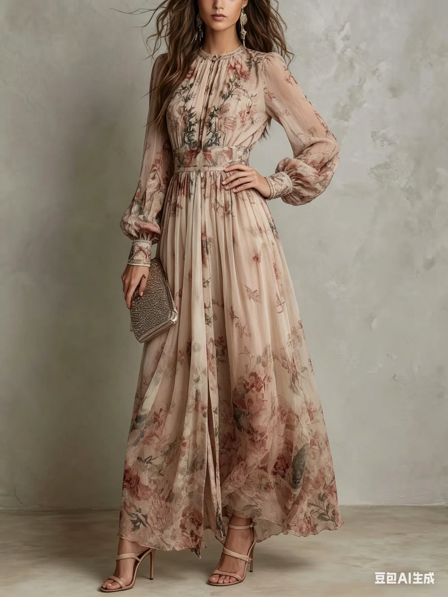 Elegant Long Sleeve Chiffon Long Dresses For Women 2026 Fashion Floral Print Slim Party Maxi Dress Casual