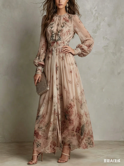 Elegant Long Sleeve Chiffon Long Dresses For Women 2026 Fashion Floral Print Slim Party Maxi Dress Casual