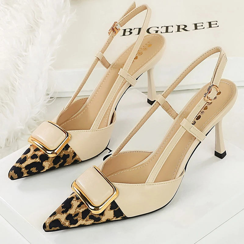 BIGTREE Shoes Women Pumps Metal Decoration High Heels Stilettos 8 Cm Leopard Women Heels Sexy Party Shoe Hollow Out Heel Sandals