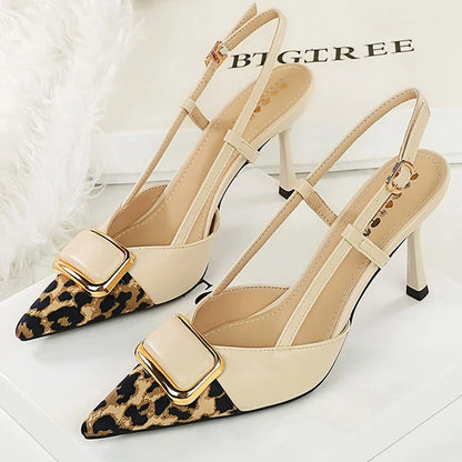BIGTREE Shoes Women Pumps Metal Decoration High Heels Stilettos 8 Cm Leopard Women Heels Sexy Party Shoe Hollow Out Heel Sandals