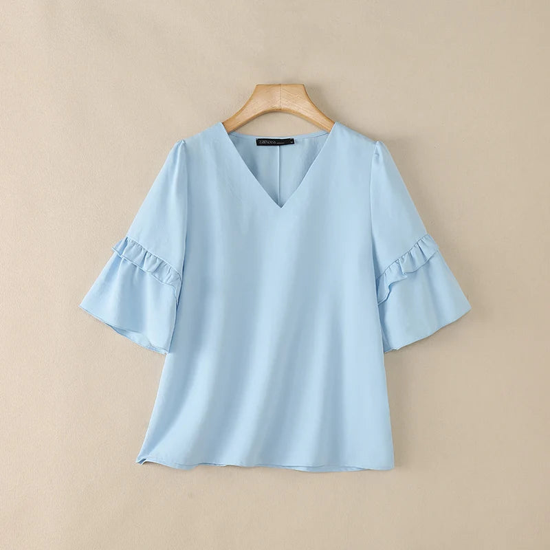 ZANZEA Women Elegant Blouses V-Neck Half Flare Sleeve Ruffles Trim Pullover Tops Summer Daily Casual Solid Color Blusas de Mujer
