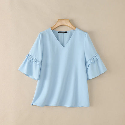 ZANZEA Women Elegant Blouses V-Neck Half Flare Sleeve Ruffles Trim Pullover Tops Summer Daily Casual Solid Color Blusas de Mujer
