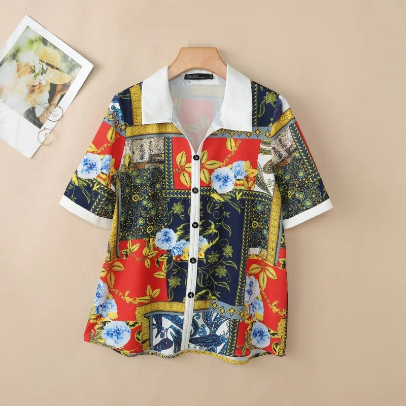 ZANZEA Women Floral Print Pullover Blouses Collared Short Sleeve Decorative Buttons Tops Summer Casual Vacation Blusas Mujer