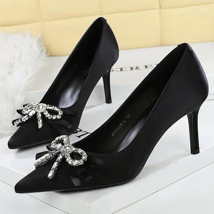 Luxury Women Pumps Rhinestone Bowknot High Heels Luxury Banquet Shoes Stiletto 7 cm 10 cm Heels Sexy Party Shoes Silks Satins