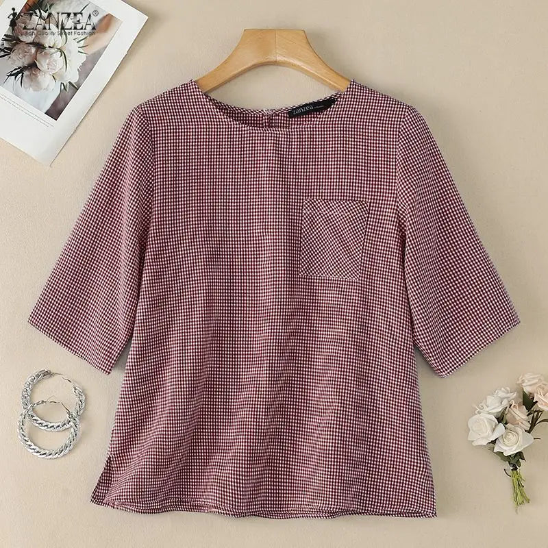 ZANZEA Woman Gingham Check Loose Blouses O-Neck Half Sleeves Pocket Detail Side Slit Tunic Tops Summer Casual Daily Wear Blusas