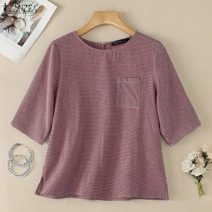 ZANZEA Woman Gingham Check Loose Blouses O-Neck Half Sleeves Pocket Detail Side Slit Tunic Tops Summer Casual Daily Wear Blusas