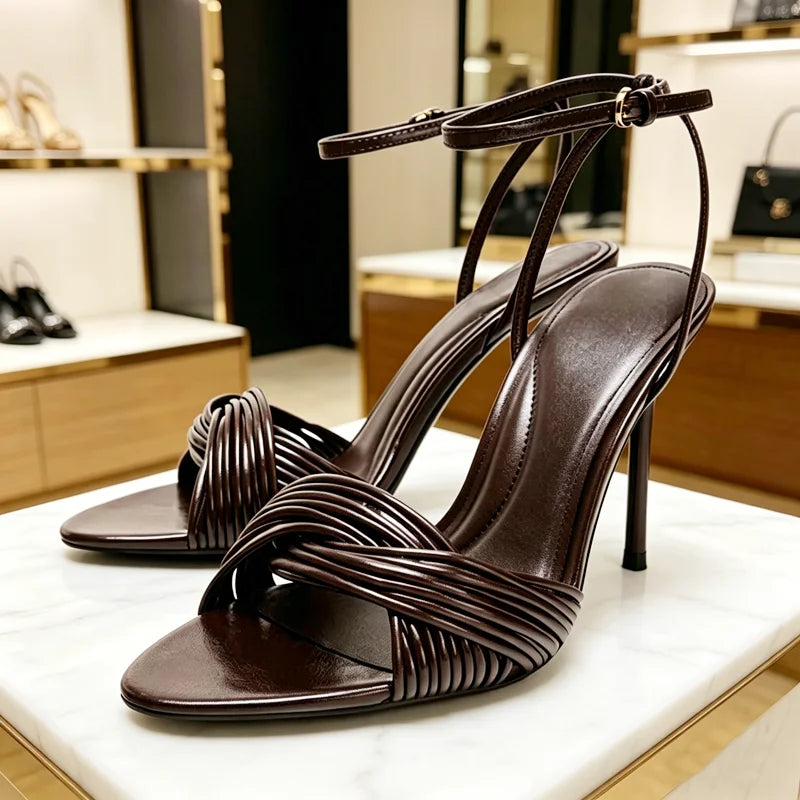 Brown Ankle Strap Metal Buckle Heeled Sandals Women Cross Front Strap Design High Heels for Ladies Summer Elegant Women Shoes