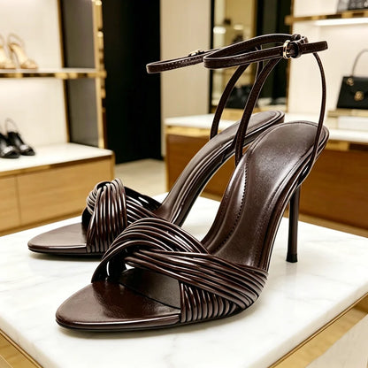 Brown Ankle Strap Metal Buckle Heeled Sandals Women Cross Front Strap Design High Heels for Ladies Summer Elegant Women Shoes