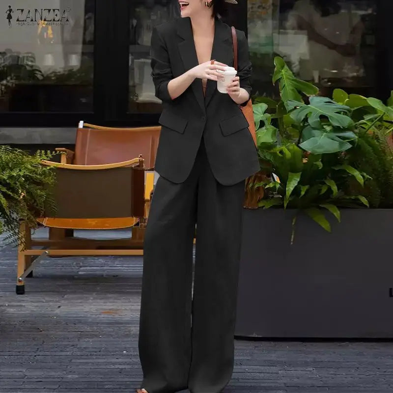 ZANZEA Women's Elegant Pant Suits Wide Leg Pant & Long Sleeve Blazer 2 Pieces Sets Woman Office Wear Casual Loose Outfits 3XL