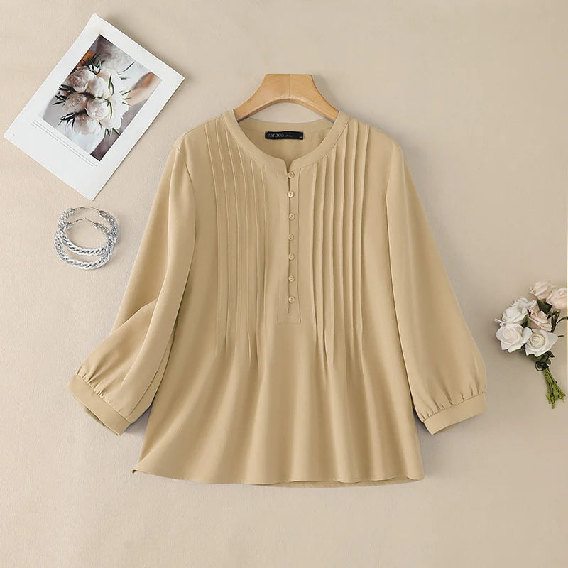 ZANZEA Women Casual Pintuck Blouses Spring Summer O-Neck Half Buttons 3/4 Lantern Sleeve Tops Loose Solid Color Blusas de Mujer
