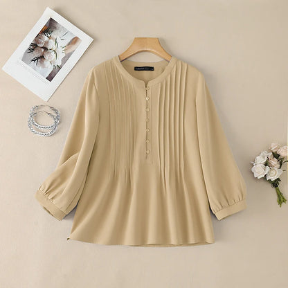 ZANZEA Women Casual Pintuck Blouses Spring Summer O-Neck Half Buttons 3/4 Lantern Sleeve Tops Loose Solid Color Blusas de Mujer