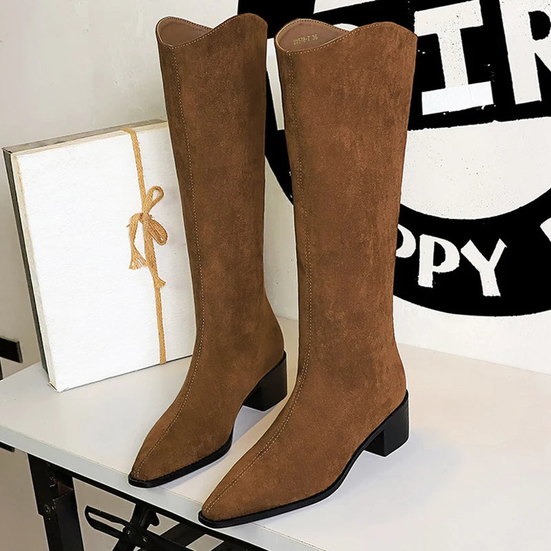 BIGTREE Shoe Women Knee-High Boots Suede Knight Boots Women Shoes Rear Zipper High boots Thick Heel Autumn Winter Boots Mid Heel