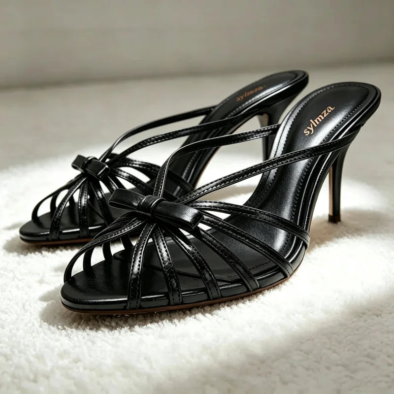 Fashion Bow Detail Cage-style Mule Sandals Women Luxury Metallic-effect Black Heels Elegant Round-toe Stiletto Women's Slippers