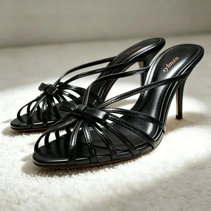 Fashion Bow Detail Cage-style Mule Sandals Women Luxury Metallic-effect Black Heels Elegant Round-toe Stiletto Women's Slippers