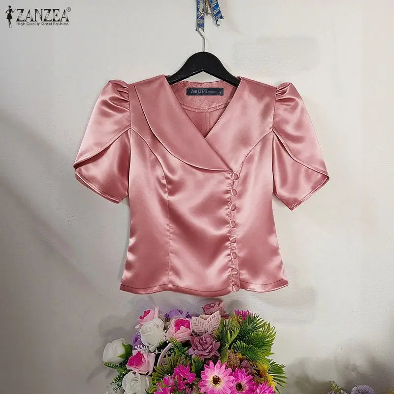 ZANZEA Woman Elegant Satin Shirts Summer Lapel Collar Asymmetric Placket Short Petal Sleeve Tops Vintage Party Chemises Femme