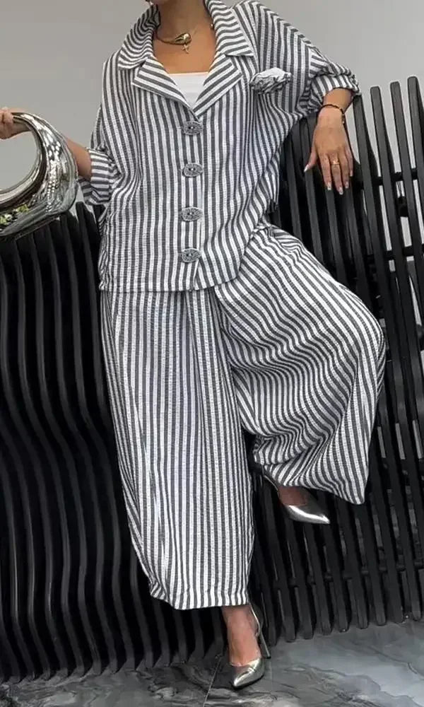 New Women Casual Tracksuits Set Long Sleeve Fashion Striped Blouse and Wide Leg Pants Suit Large Big 5xl Female Two Piece Sets