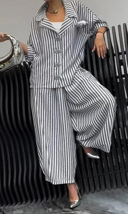 New Women Casual Tracksuits Set Long Sleeve Fashion Striped Blouse and Wide Leg Pants Suit Large Big 5xl Female Two Piece Sets