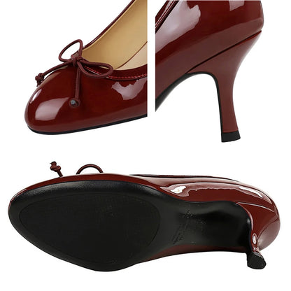 BIGTREE Shoes Round Head Women Pumps Bowknot High Heels Patent Leather Lady Office Shoes Occupation Stilettos 7 cm Heels Women
