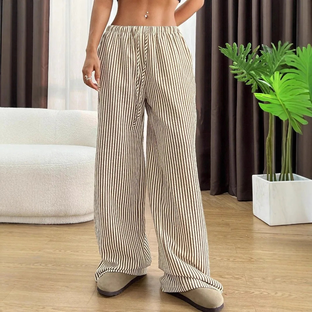 2025 Autumn New Cross border Women's Fashion Loose Striped Drawstring Elastic Waist and Floor Pants from Europe and America