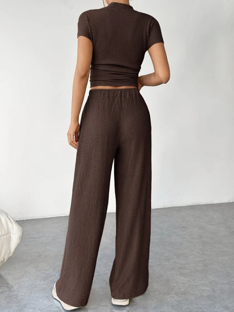 2Pcs/Set Women's Casual Sports Set Spring and Summer Basic Solid Color Slim Lady's Round Neck Short Sleeve Top and Floor Pants
