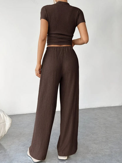 2Pcs/Set Women's Casual Sports Set Spring and Summer Basic Solid Color Slim Lady's Round Neck Short Sleeve Top and Floor Pants