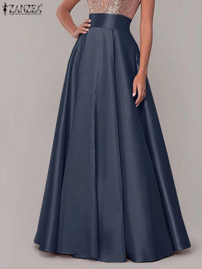 2026 ZANZEA Fashion Satin Party Skirts Elegant High Waist Jupe Maxi Vestidos Women Sundress Female A-line Faldas Saia Oversize