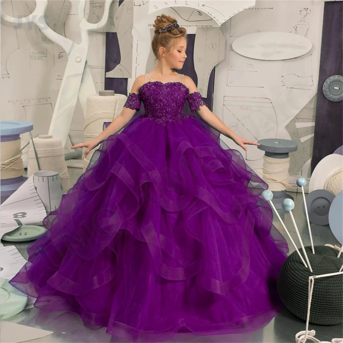 Dress for girls Party Flower Kids Ball Gown Tulle Off Shoulder Children Birthday Wedding Dresses First Communion Gown Clothing