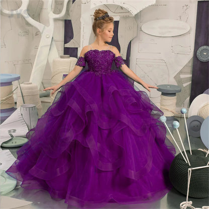 Dress for girls Party Flower Kids Ball Gown Tulle Off Shoulder Children Birthday Wedding Dresses First Communion Gown Clothing